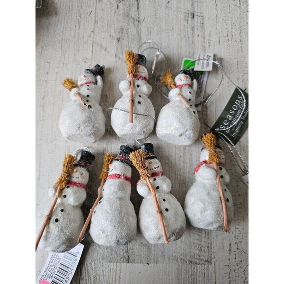 Cannon falls mini snowman ornament set broom glitter shabby chic Xmas tree - Picture 1 of 8
